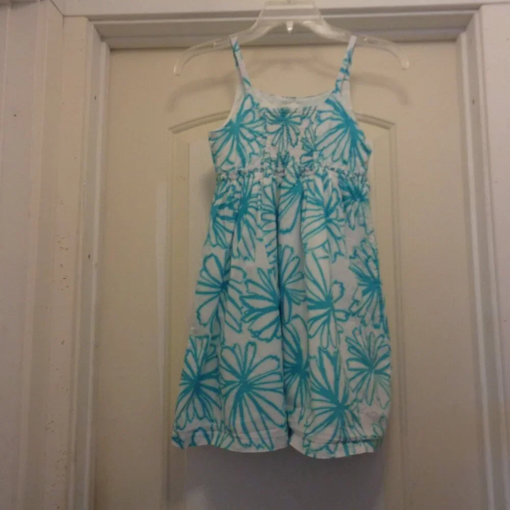 GIRLS GYMBOREE COTTON AQUA & WHITE FLORALS SHEERED SUNDRESS 10